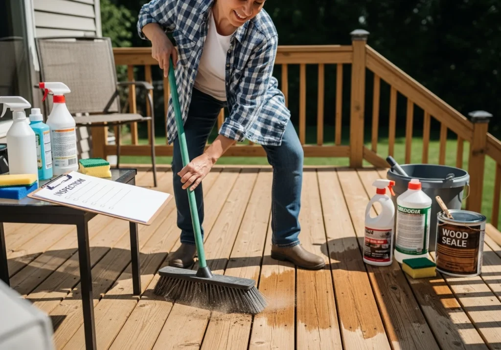 Homeowner performing deck maintenance, sweeping wooden deck boards with large outdoor broom.
