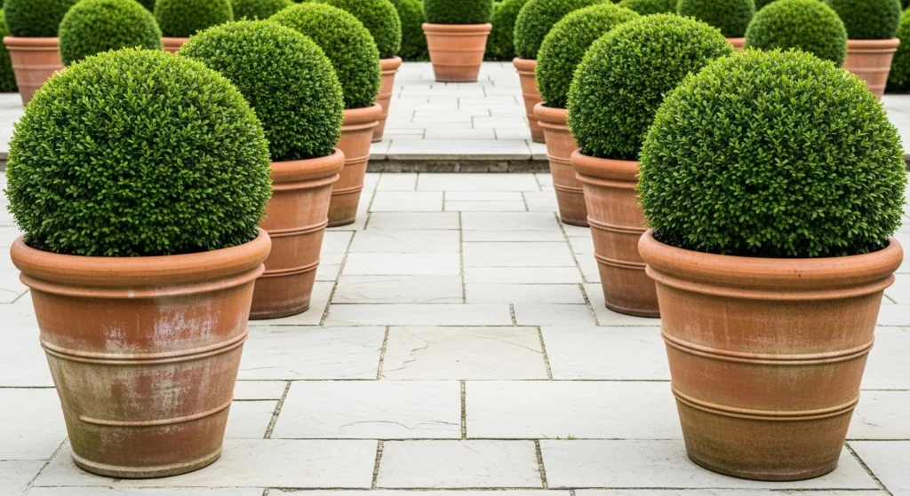 Matching terra cotta containers with shaped evergreens arranged symmetrically on garden patio