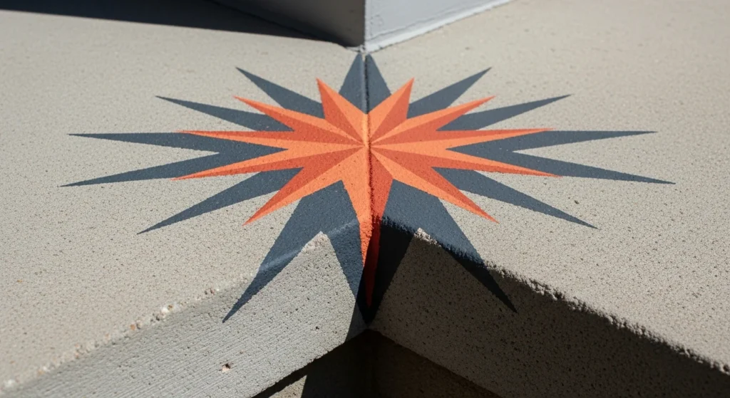 Starburst medallion corner accent painted on concrete porch with radiating design