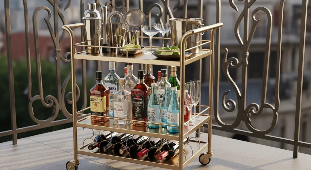 Multi-tier mobile bar cart on wheels with organized cocktail supplies, glasses, and bottles on small balcony