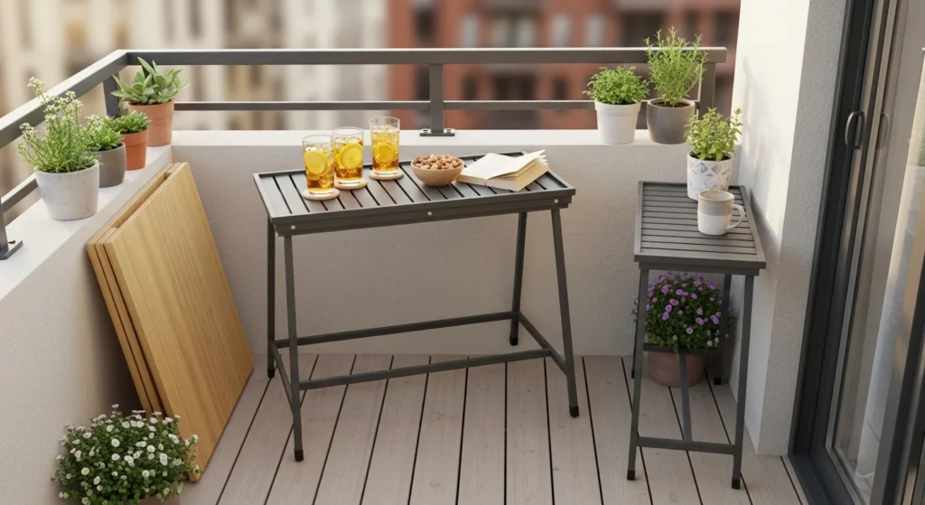 Portable folding tray tables serving as flexible temporary bar surfaces on small balcony