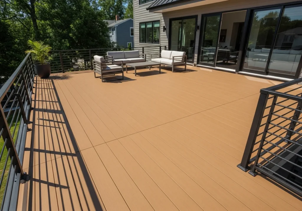 Clean waterproof vinyl deck membrane surface in warm tan color.