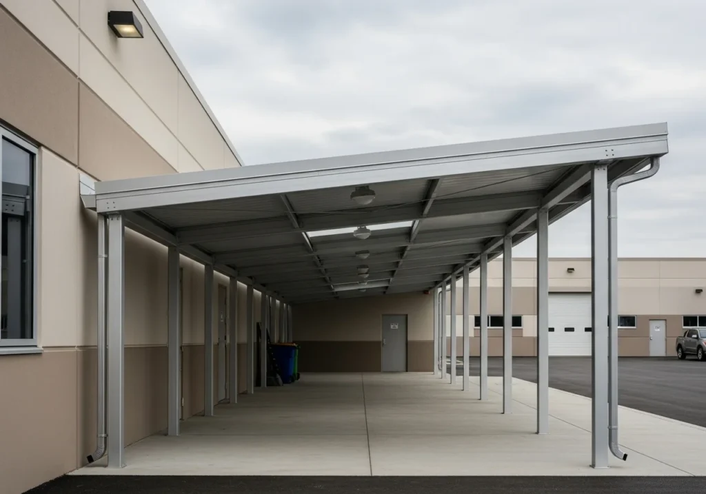 walkway canopy with minimalist design a roof that slopes in one direction