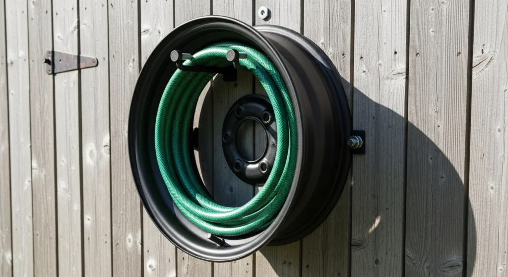Repurposed black tire rim mounted on shed wall as industrial-style garden water hose holder