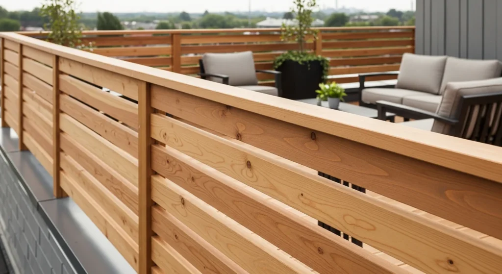 Warm inviting rooftop space with horizontal wood slat railings, 
