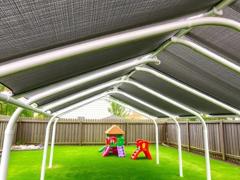 white PVC pipes forming multiple arched structures over a playground area, gray shade cloth draped and secured across the arches with zip ties visible, rebar stakes 