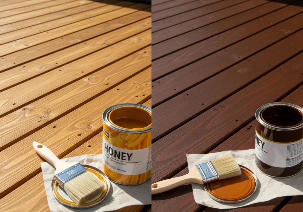 Split scene showing different wood deck staining options side by side, semi-transparent honey colored.