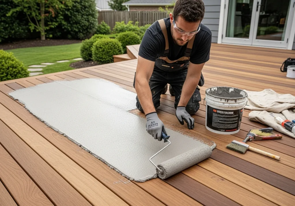 Deck refinishing coating with specialized roller on wooden deck surface.