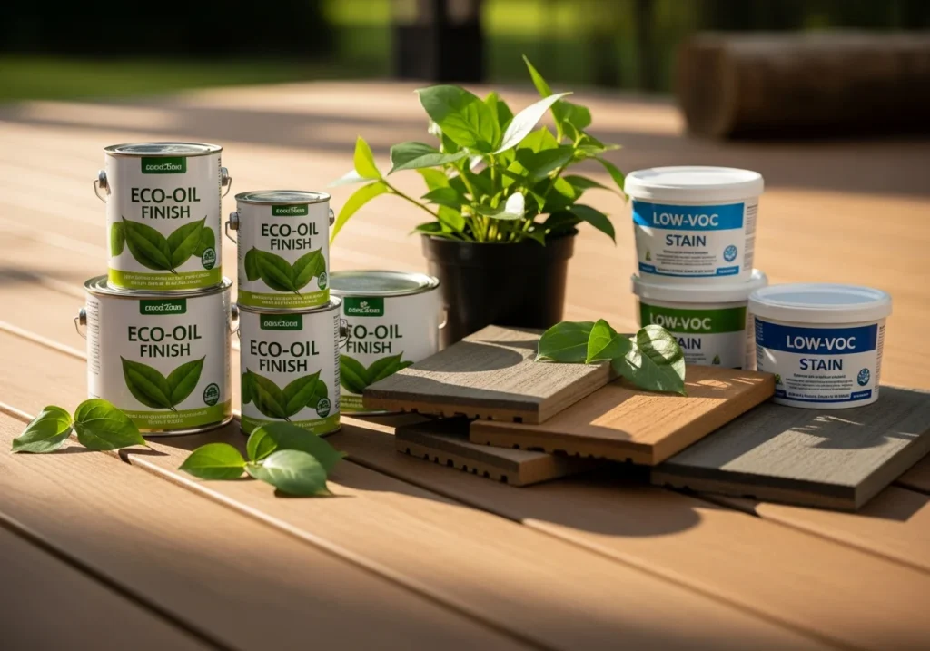 Eco-friendly deck refinishing scene showing natural oil finish products with green leaf 