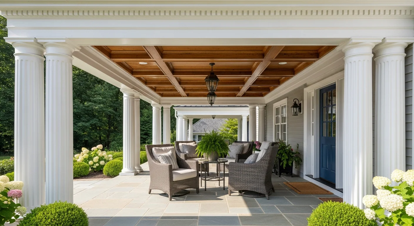 Elegant front porch with exposed wooden beams and white columns creating an inviting home entrance