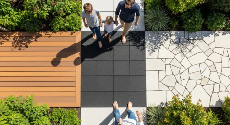 Various barefoot-friendly outdoor surface materials displayed side by side including composite decking, rubber pavers, and stone tiles