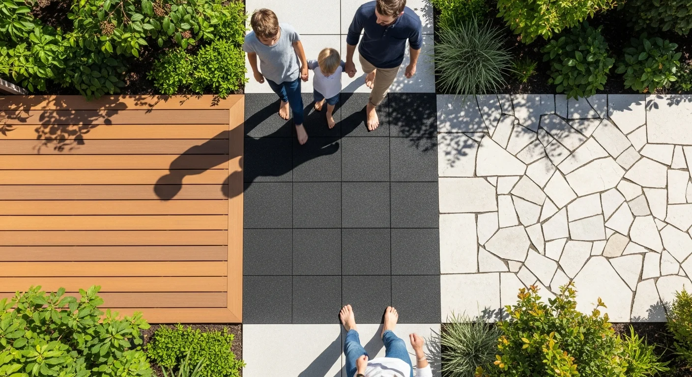 Various barefoot-friendly outdoor surface materials displayed side by side including composite decking, rubber pavers, and stone tiles