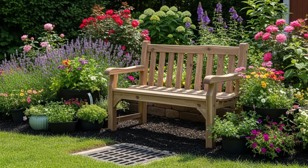 Garden bench strategically placed to conceal storm drain with surrounding plantings