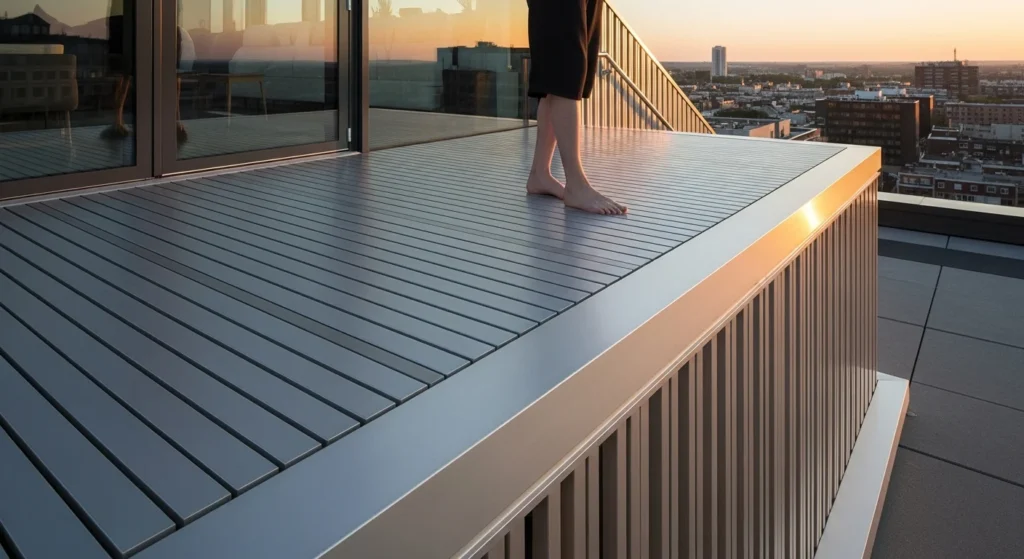 Sleek aluminum decking panels with powder-coated finish providing durable barefoot-friendly outdoor surface