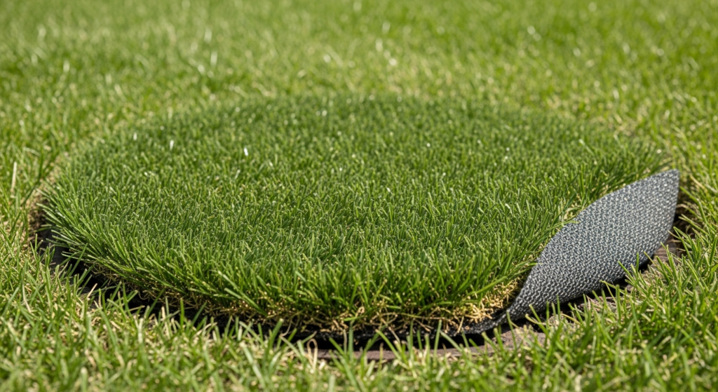 Artificial turf patch blending with natural lawn to cover storm drain grate.