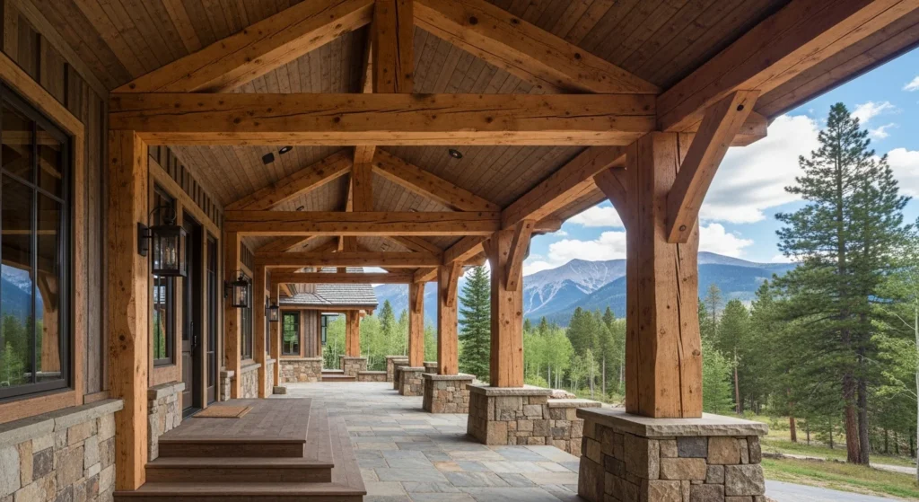:Substantial oversized porch beams creating bold architectural statement and visual weight
