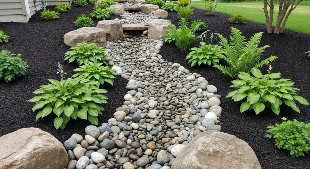 Naturalistic dry creek bed installation with rocks and plantings leading to hidden storm drain