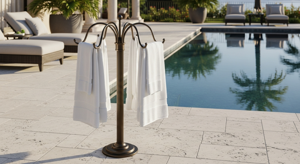 Bronze towel tree with extending arms holding white towels on luxury pool deck with travertine tiles