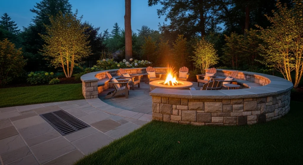 Stone fire pit with seating area concealing nearby storm drain