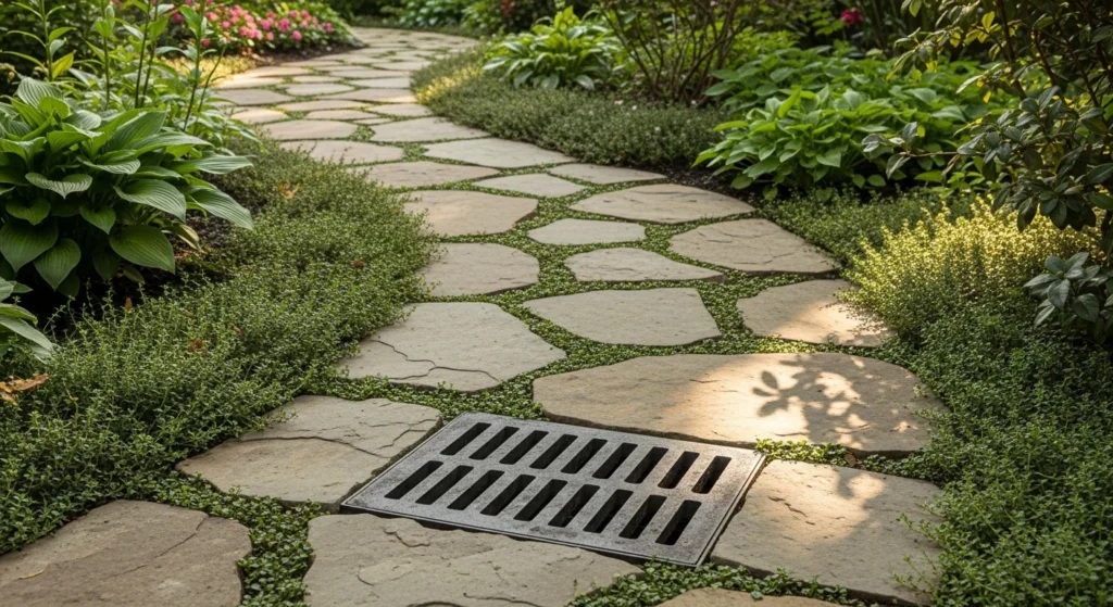 Steppingstone pathway with storm drain grate integrated as one stone.