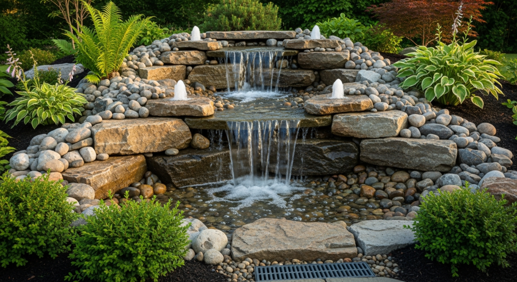 Pondless waterfall water feature with storm drain integrated as overflow system