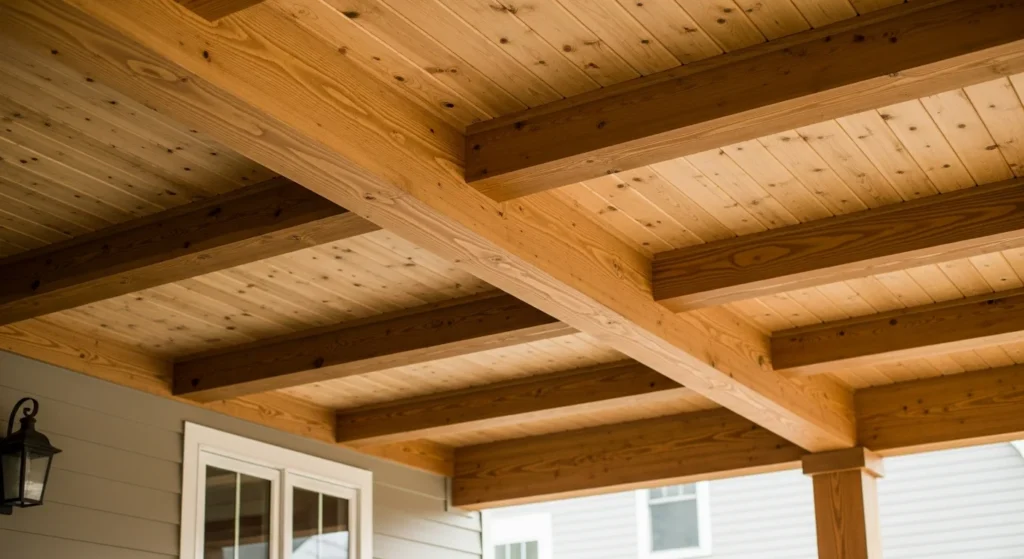  Traditional front porch featuring natural wood beams in classic design with rich grain patterns