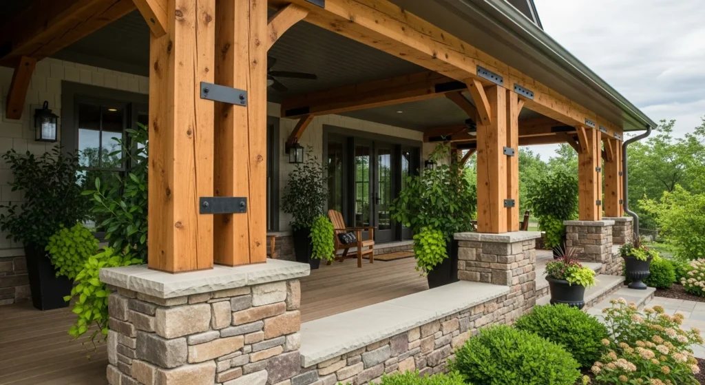  Mixed material porch beams featuring wood and metal elements for contemporary design appeal