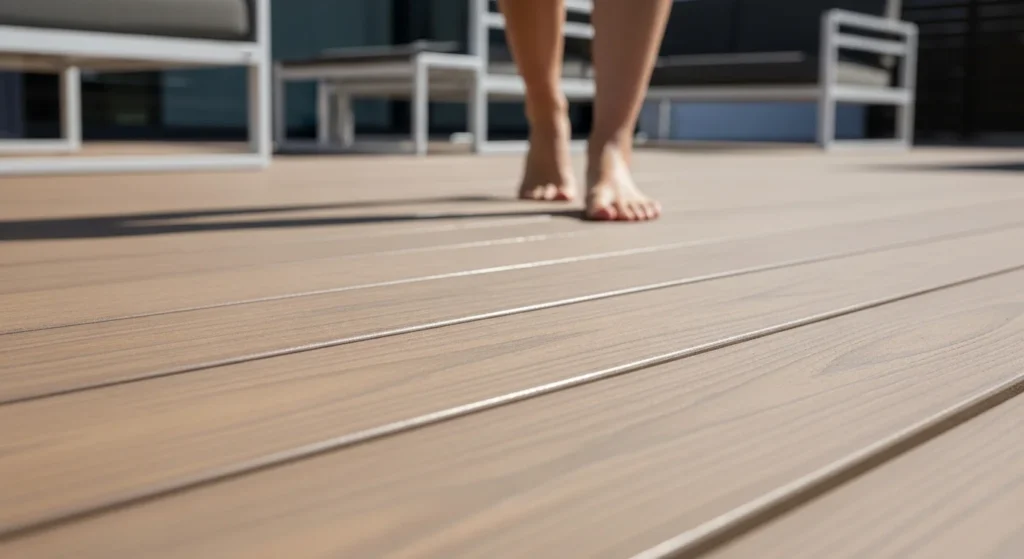 Modern composite decking boards in warm tones with smooth splinter-free surface ideal for barefoot walking