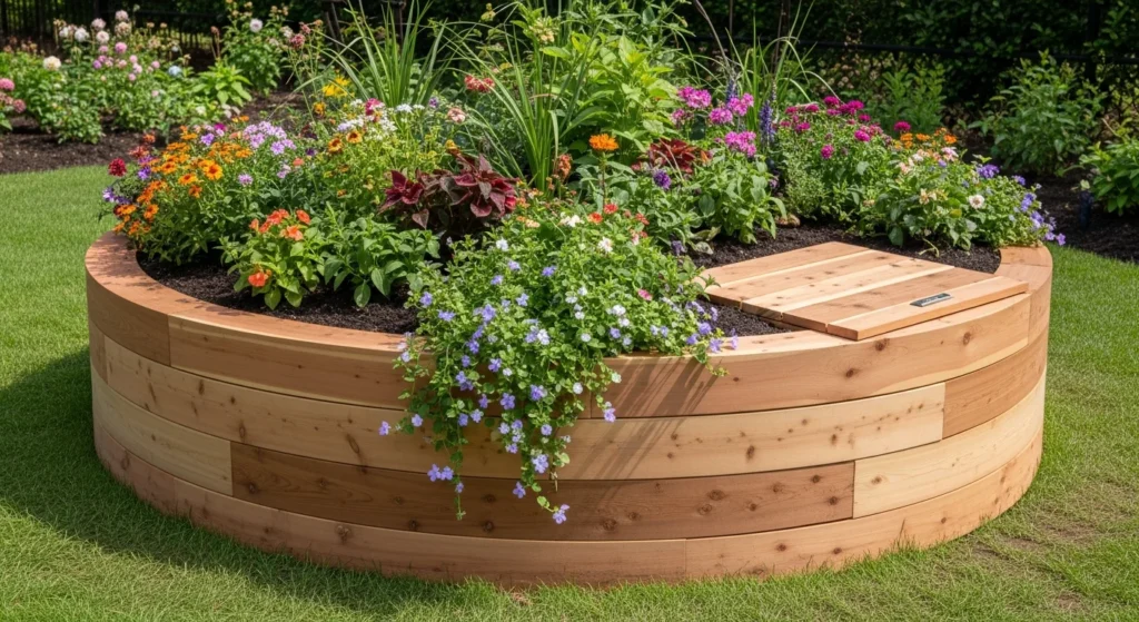 Raised circular planter bed with flowers concealing storm drain underneath