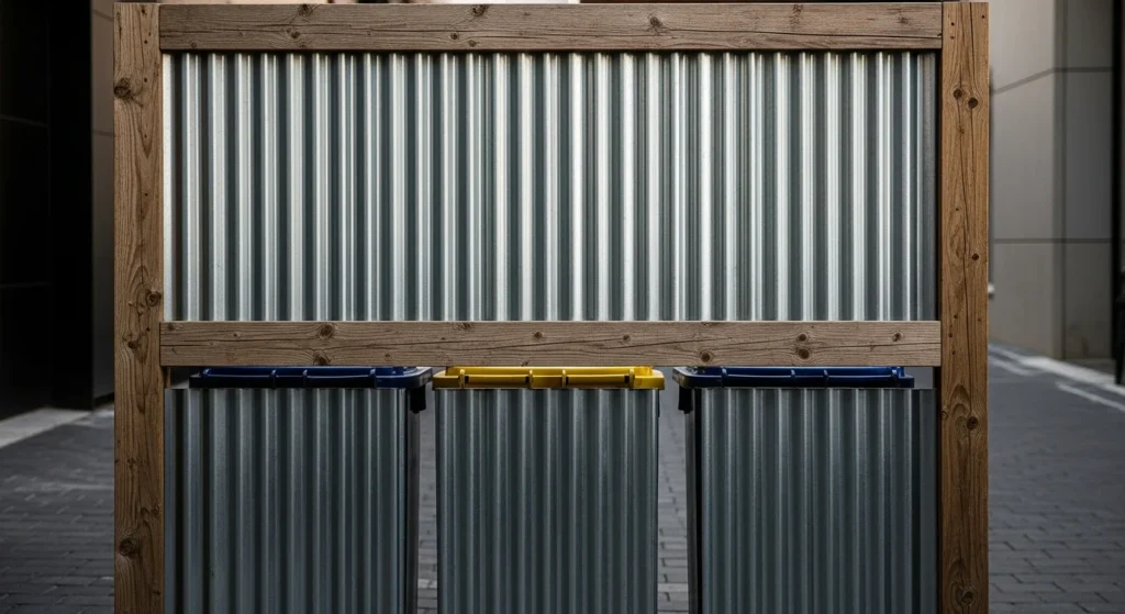 Industrial corrugated metal screen with ribbed texture hiding trash cans