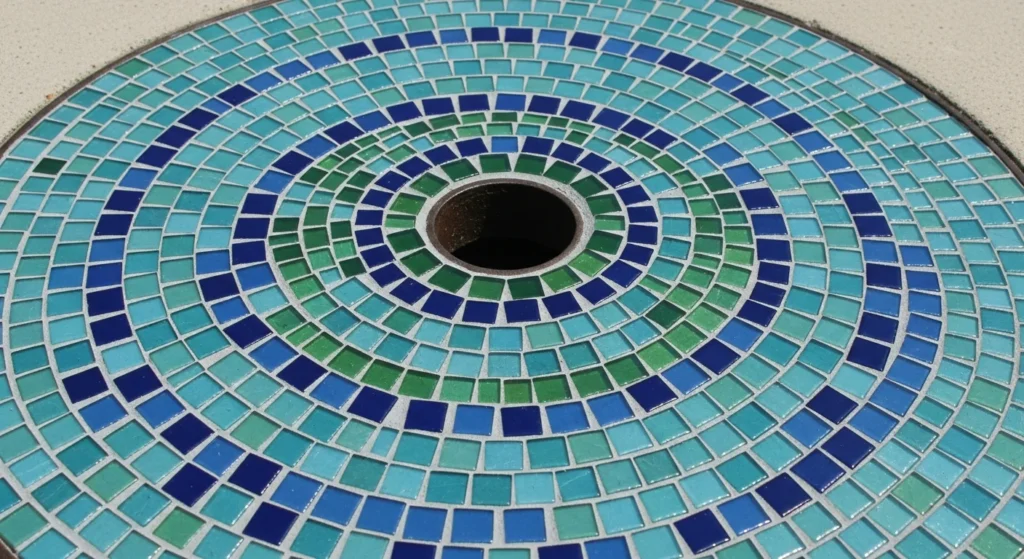 Storm drain grate decorated with colorful glass mosaic tile pattern.