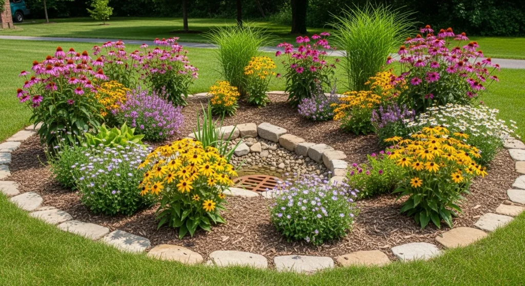 Rain garden installation with native plants and flowers concealing storm drain