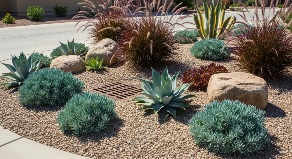 Xeriscape design with succulents, rocks, and native plants around storm drain