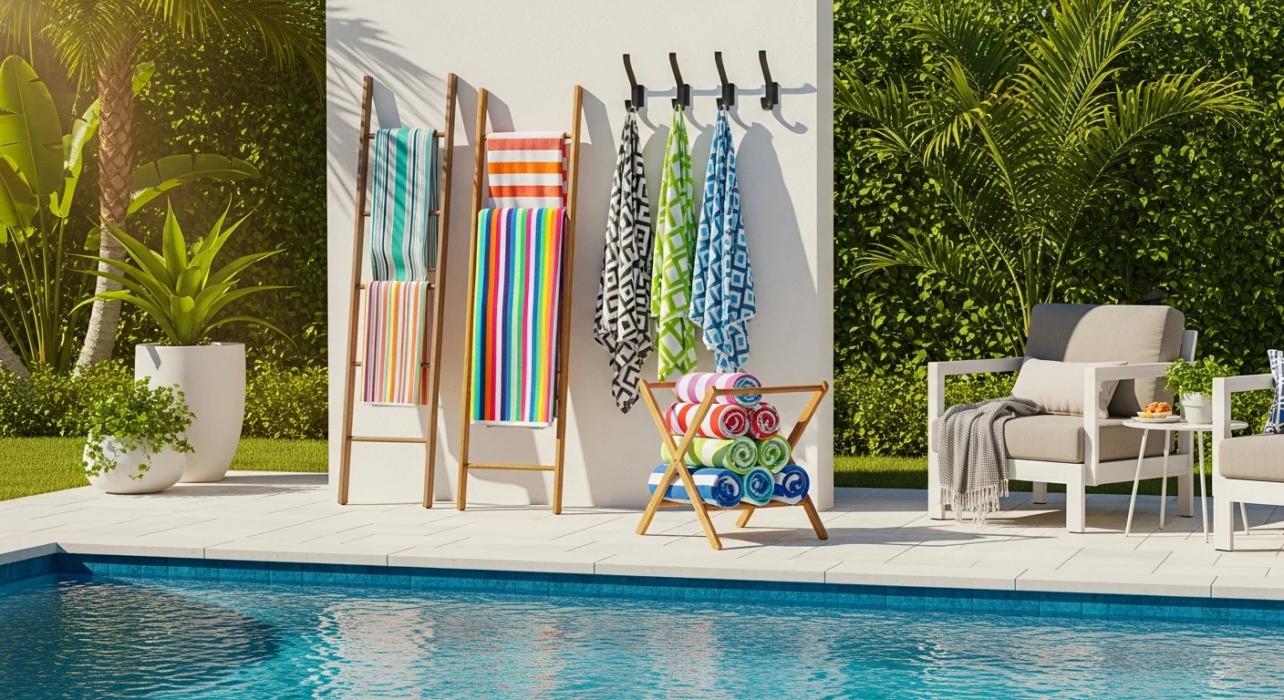 Various outdoor towel rack designs displayed around a swimming pool including wooden racks and wall-mounted solutions with colorful towels