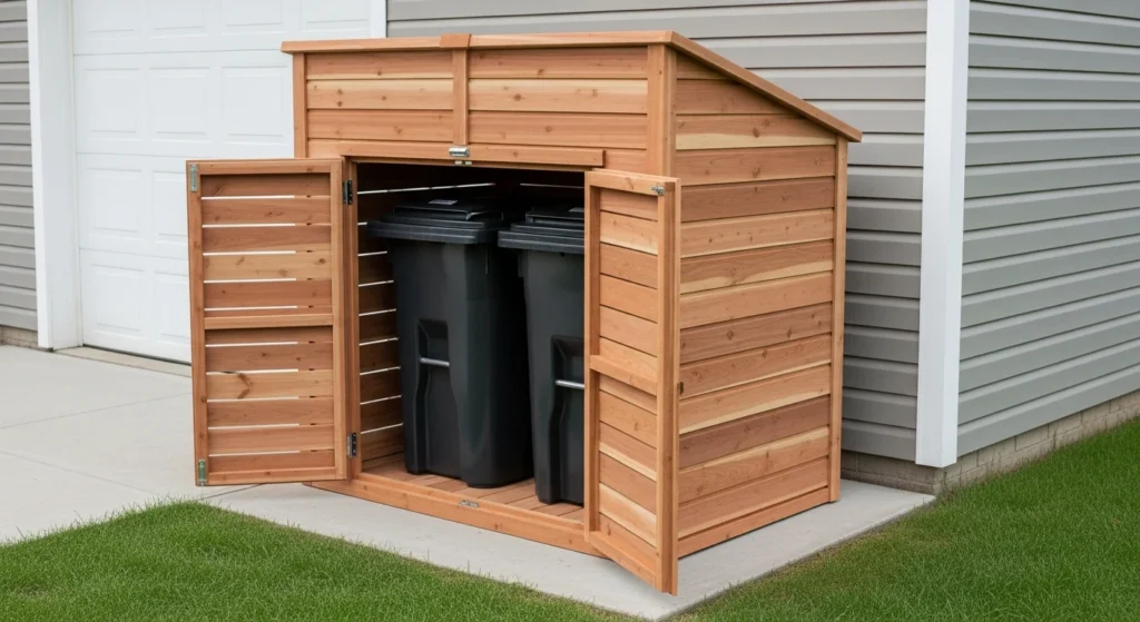 Custom wooden cedar shed enclosure for outdoor trash cans with hinged roof and double doors