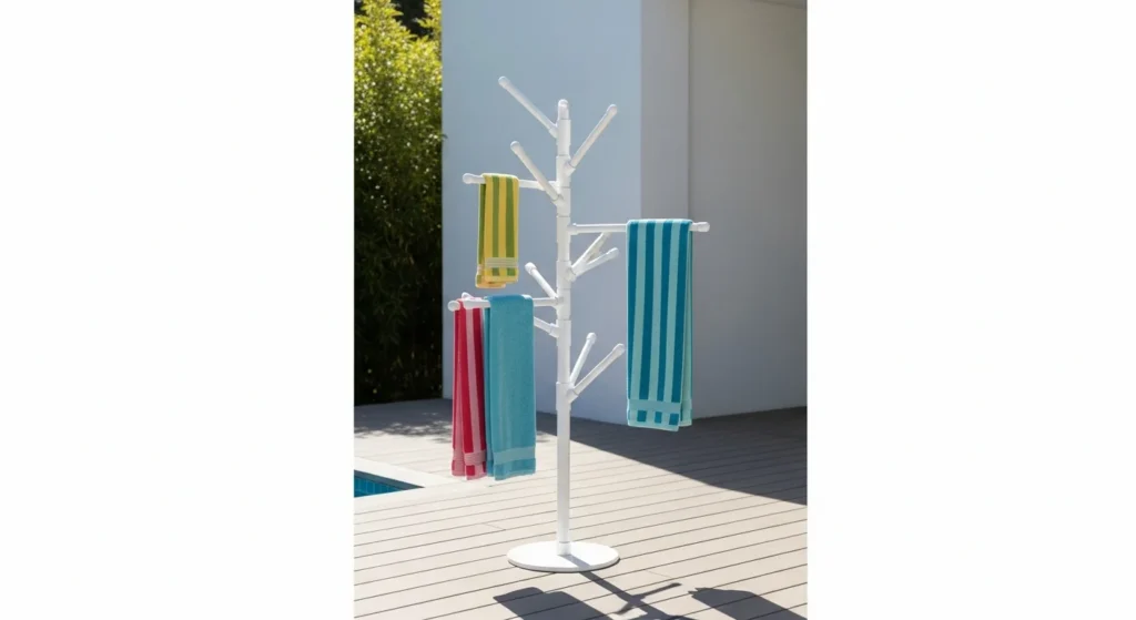 White PVC pipe towel rack with tree-like structure holding multiple colorful towels on outdoor deck