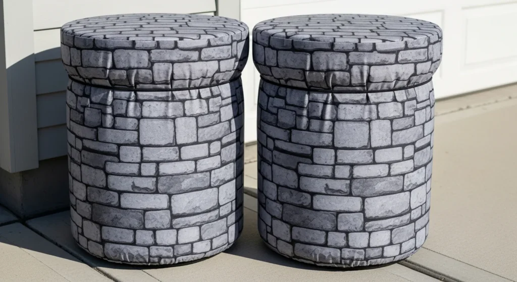 Outdoor trash cans with decorative stone-pattern fabric covers