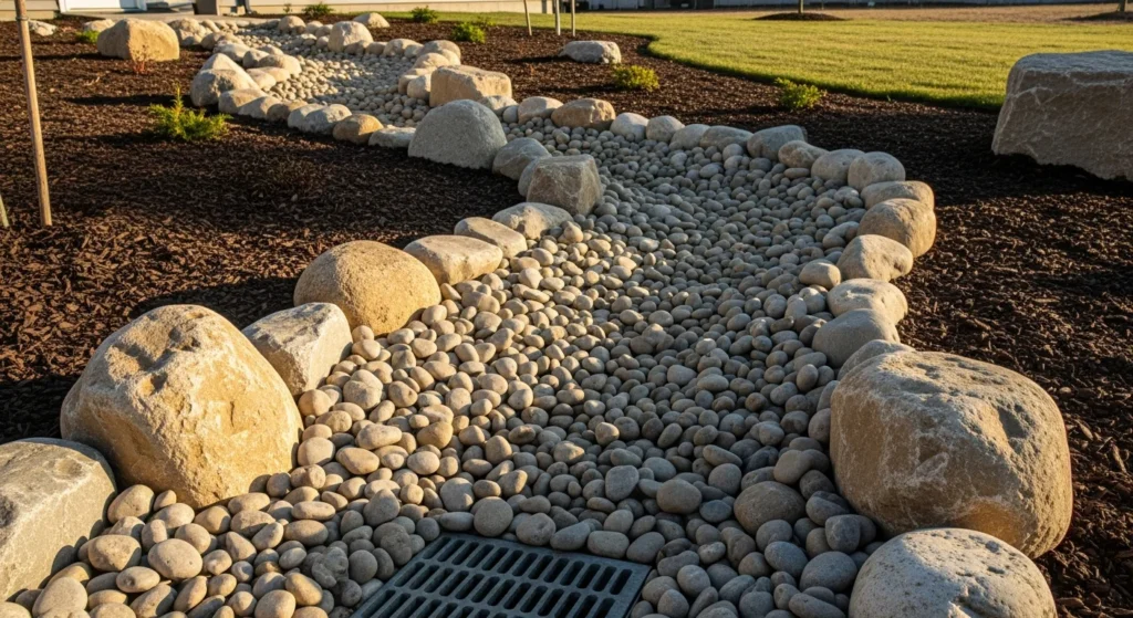 Decorative dry creek bed made with river rocks and gravel concealing storm drain