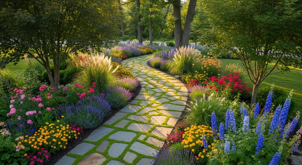 Curved flagstone pathway design with natural stone and garden borders