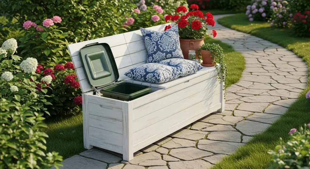 Outdoor storage bench with hidden trash can compartment and hinged seat