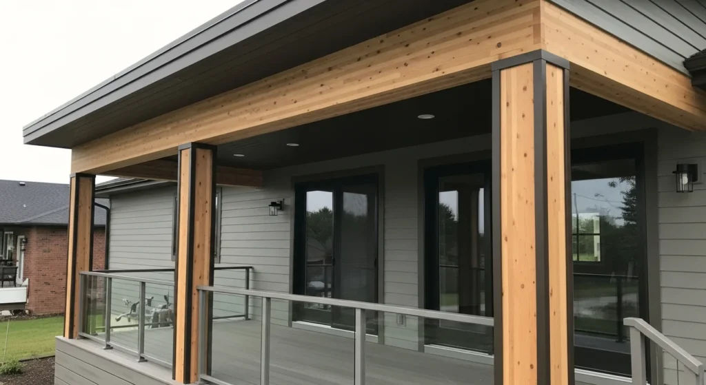 Front porch with engineered beams wrapped in decorative cladding for enhanced durability and appearance