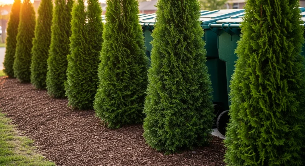 Arborvitae evergreen trees strategically planted to screen outdoor trash cans