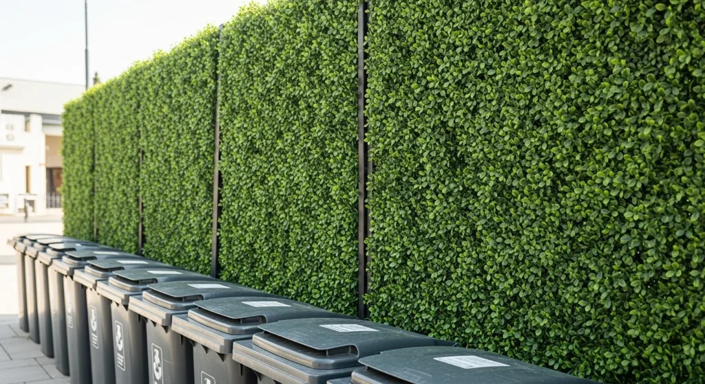 Artificial living green wall panels with boxwood foliage hiding trash bins