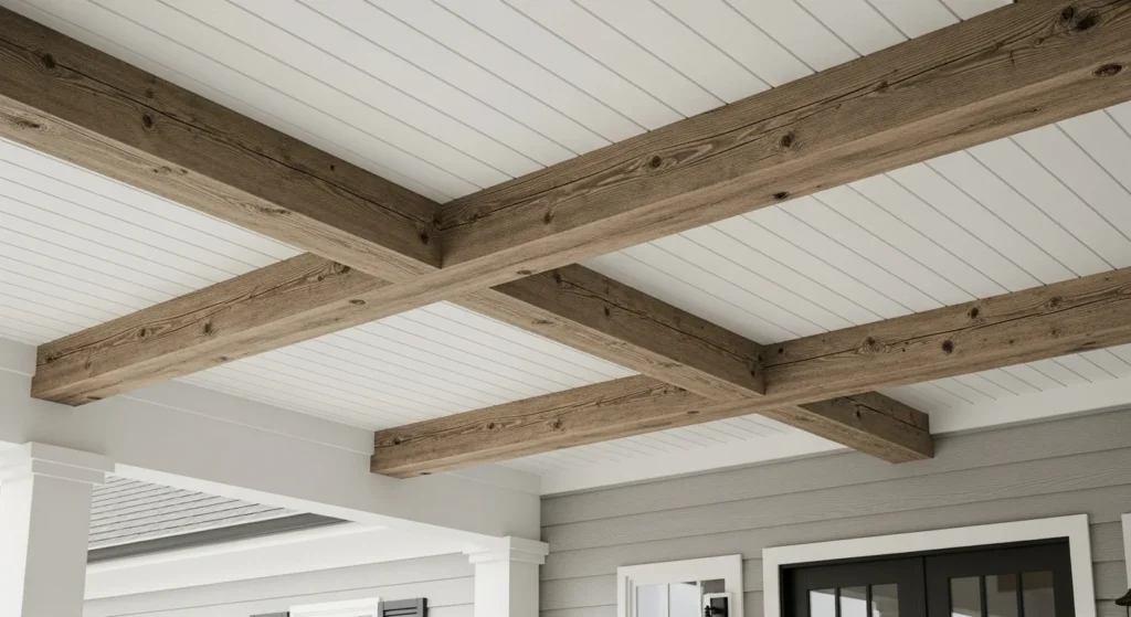 Realistic faux wood beams on front porch creating authentic timber appearance with lightweight construction