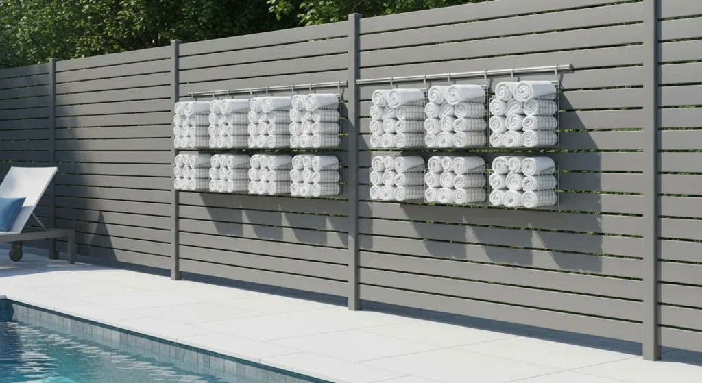 Gray privacy fence with mesh towel organizers holding rolled towels in modern pool area