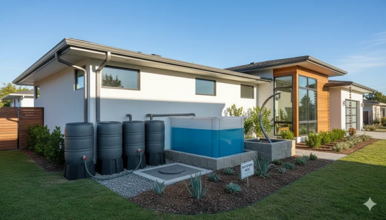 Various rainwater collection systems installed around a residential home including barrels and cisterns