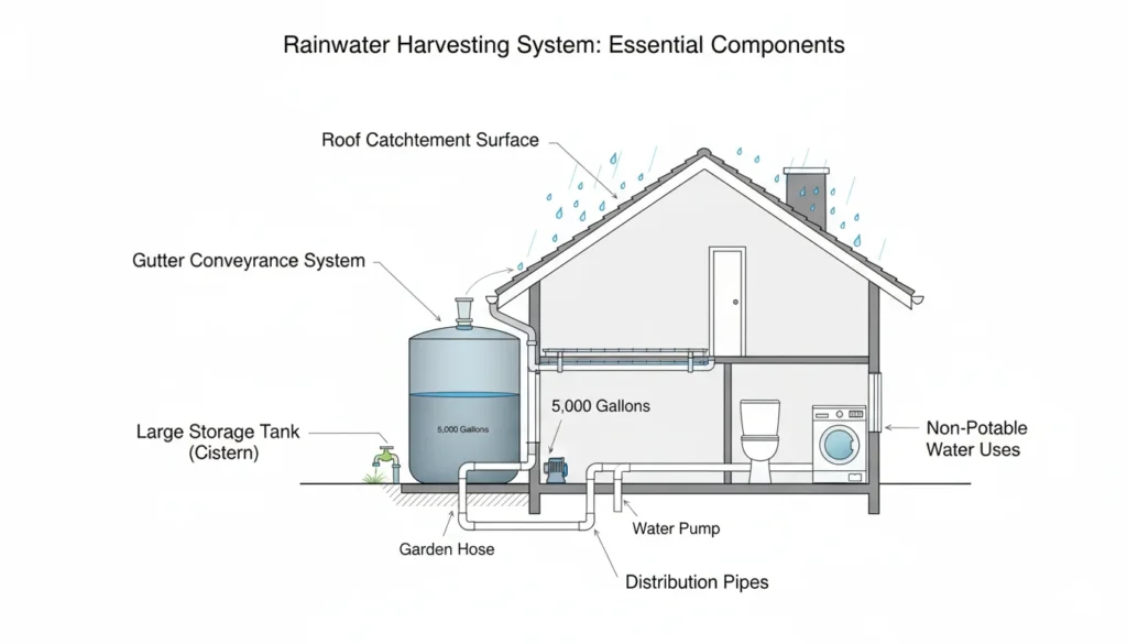 Diagram illustrating the basic components of a rainwater collection system including roof, gutters, storage tank, and distribution
