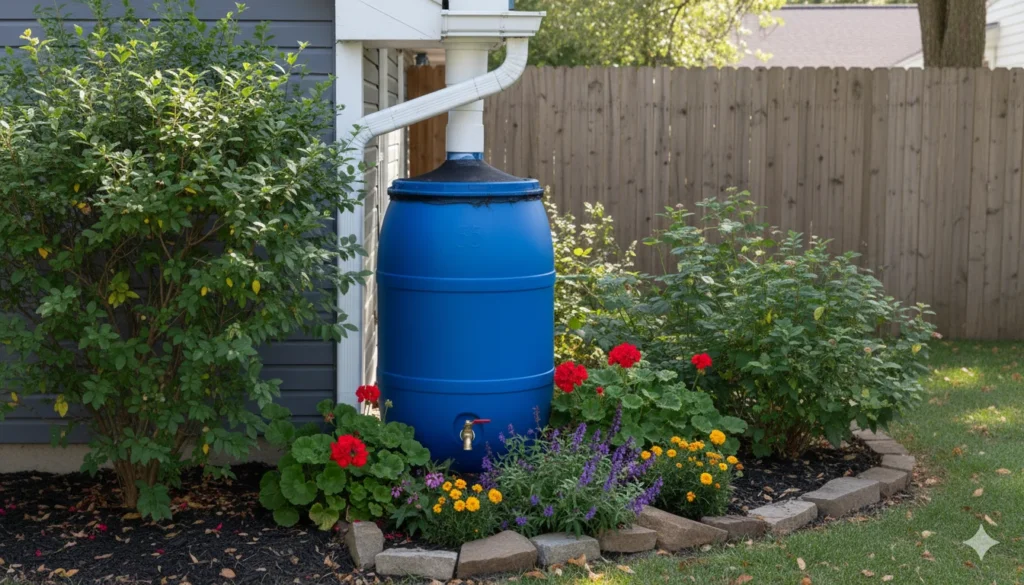 Blue rain barrel collecting water from home gutter downspout with spigot for easy access