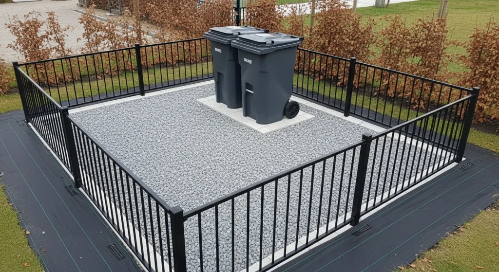 Gravel pad with decorative stone and surrounding fence defining trash can area