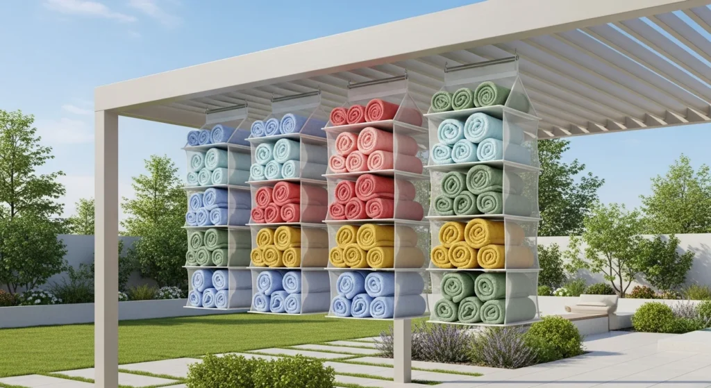 Compartmented mesh organizers hanging from pergola beam holding colorful towels in modern backyard